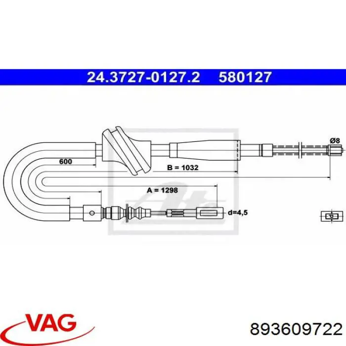 Трос ручного гальма задній, правий 893609722 VAG