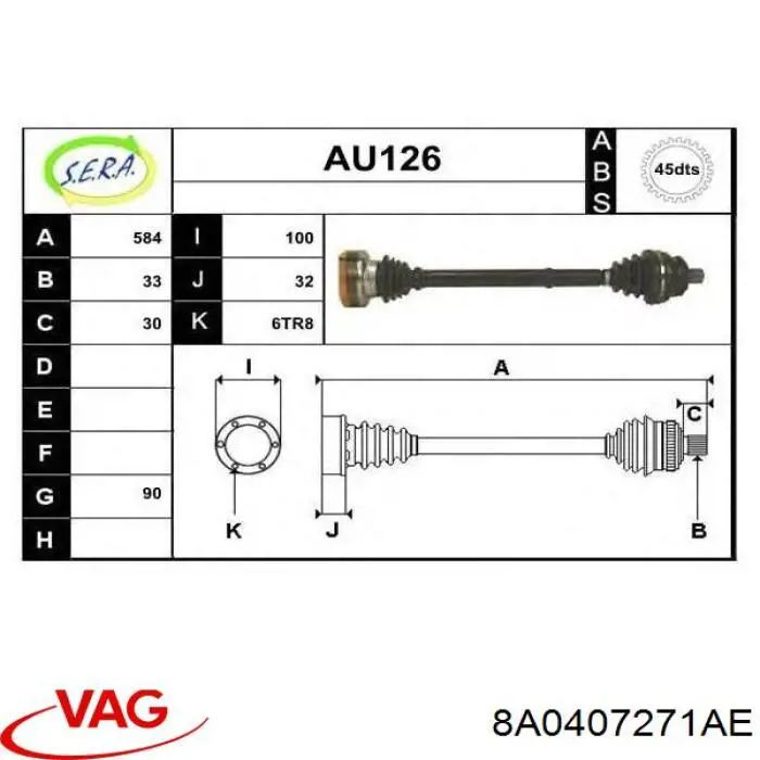 Піввісь (привід) передня, ліва 8A0407271AE VAG