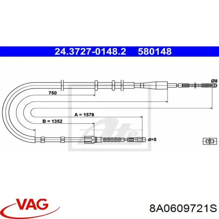 Трос ручного гальма задній, правий/лівий VAG 8A0609721S ціна, від 11.65 USD