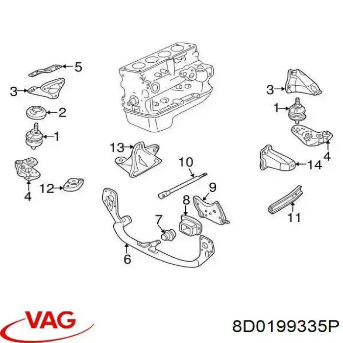 Кронштейн подушки (опори) двигуна, передньої VAG 8D0199335P ціна, від 12.67 USD