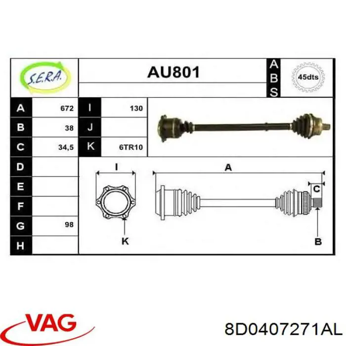 Піввісь (привід) передня, ліва 8D0407271AL VAG