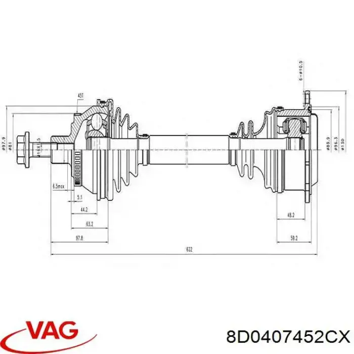 Піввісь (привід) передня, права 8D0407452CX VAG