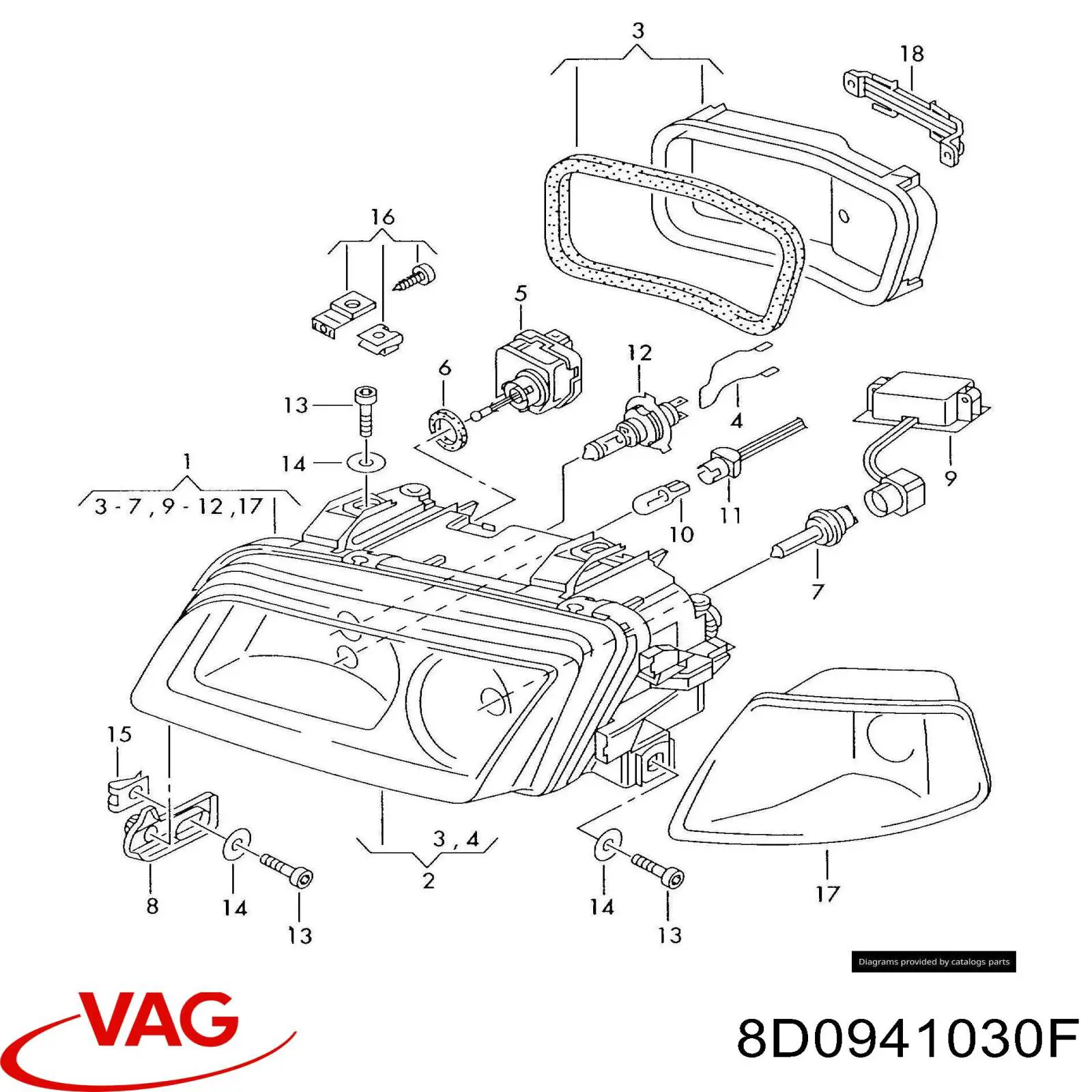 Основна фара - вставка VAG 8D0941030F ціна, від 264.34 USD