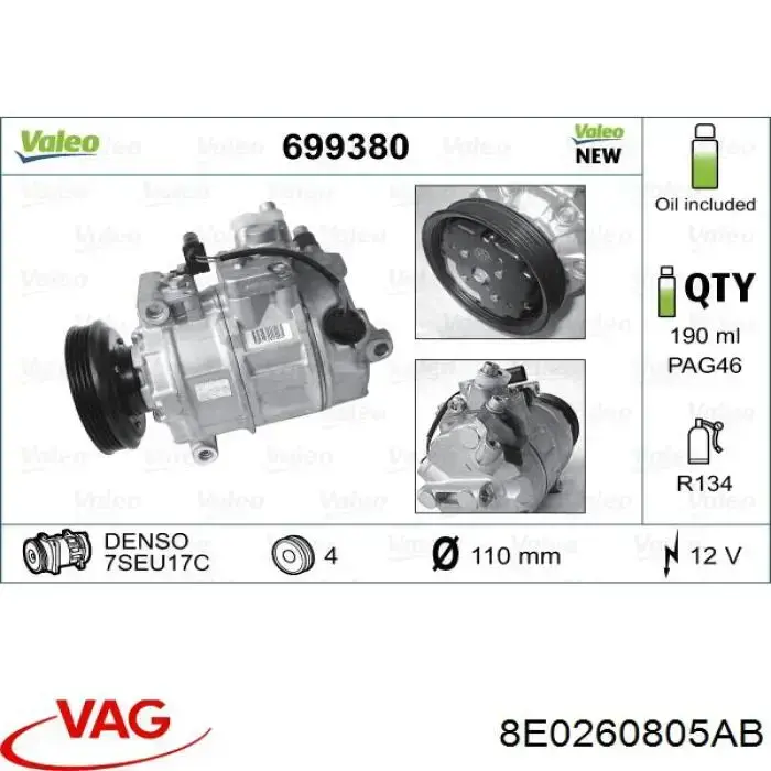 Компресор системи кондиціювання VAG 8E0260805AB ціна, від 215.36 USD