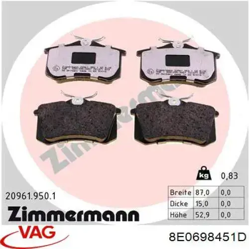 Задні гальмівні колодки 8E0698451D VAG