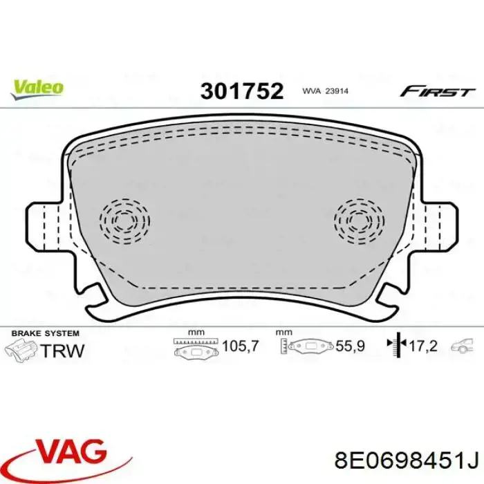 Задні гальмівні колодки 8E0698451J VAG