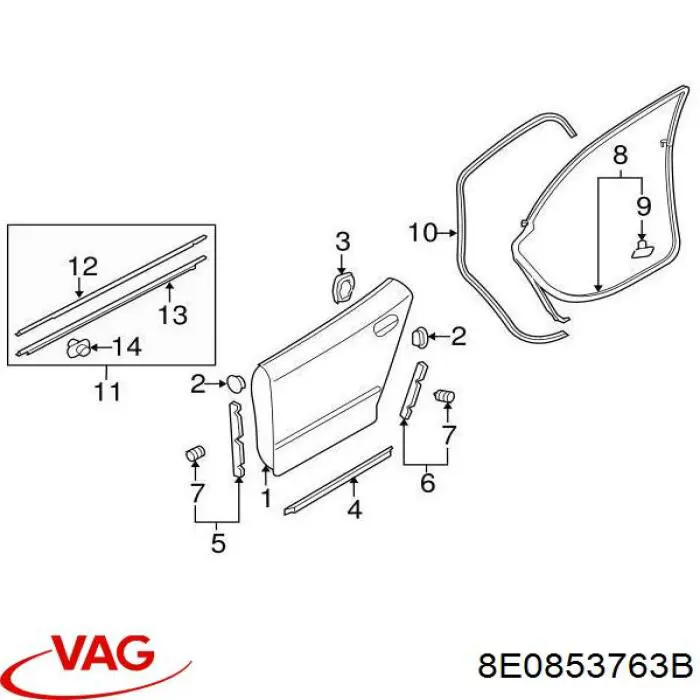Купити 8E0853763 VAG Молдинг опускного скла нижній, двері задньої, лівої