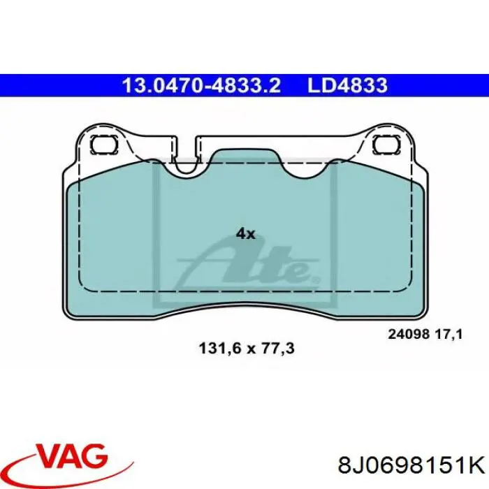 Купити 8J0698151K VAG Колодки гальмівні передні, дискові