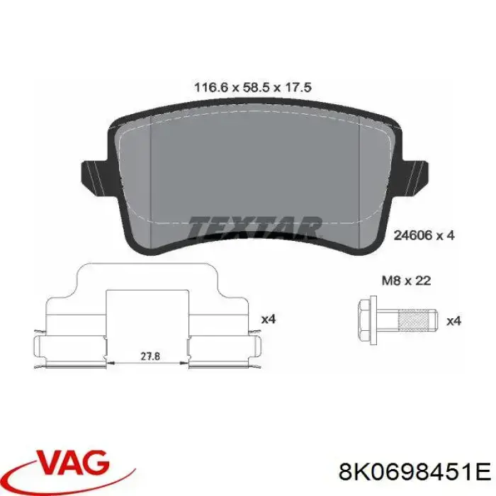 Задні гальмівні колодки VAG 8K0698451E ціна, від 29.87 USD