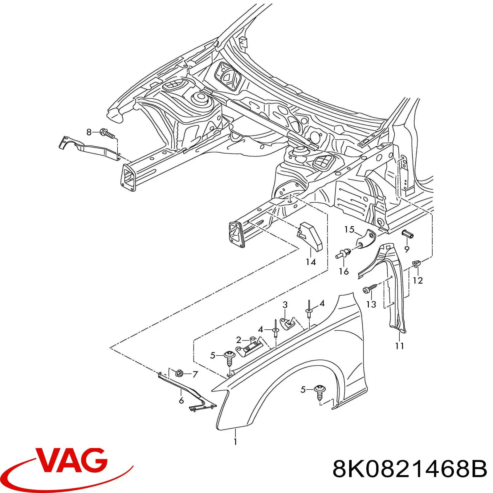 Кронштейн кріплення крила переднього правого верхній 8K0821468B VAG