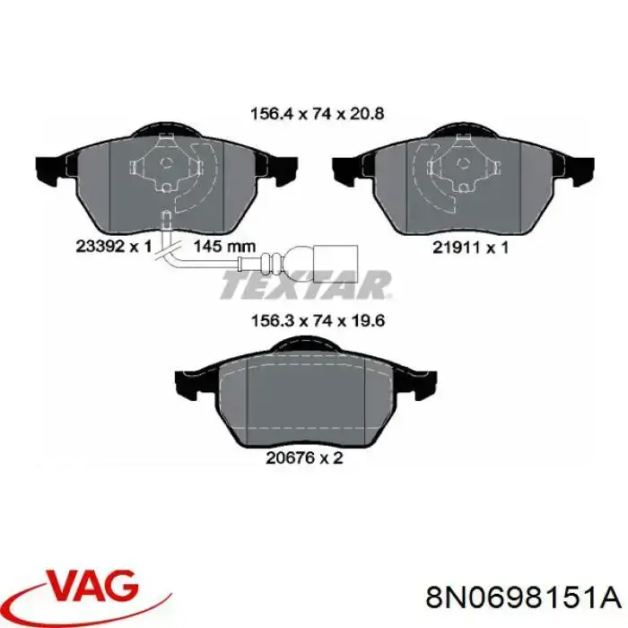 Купити 8N0698151A VAG Колодки гальмівні передні, дискові