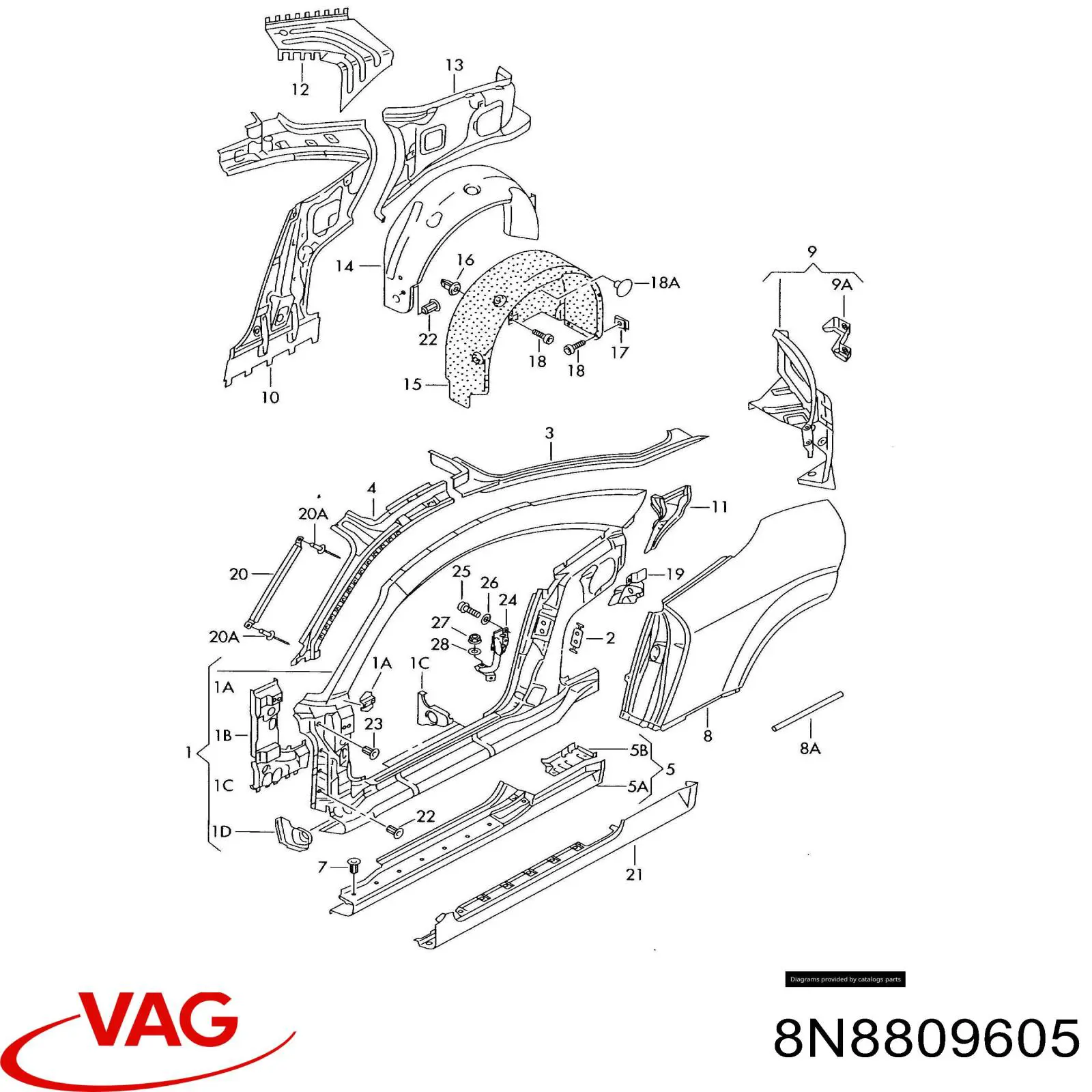 Крило заднє VAG 8N8809605 ціна, від 95.70 USD
