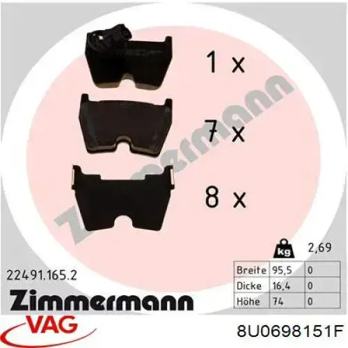 Купити 8U0698151F VAG Колодки гальмівні передні, дискові