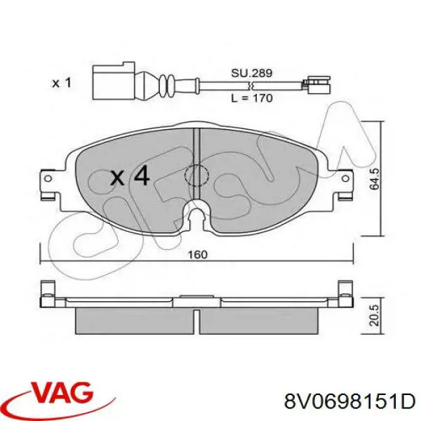Гальмівні колодки VAG 8V0698151D ціна, від 49.70 USD