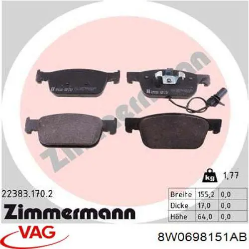 Купити 8W0698151AB VAG Колодки гальмівні передні, дискові