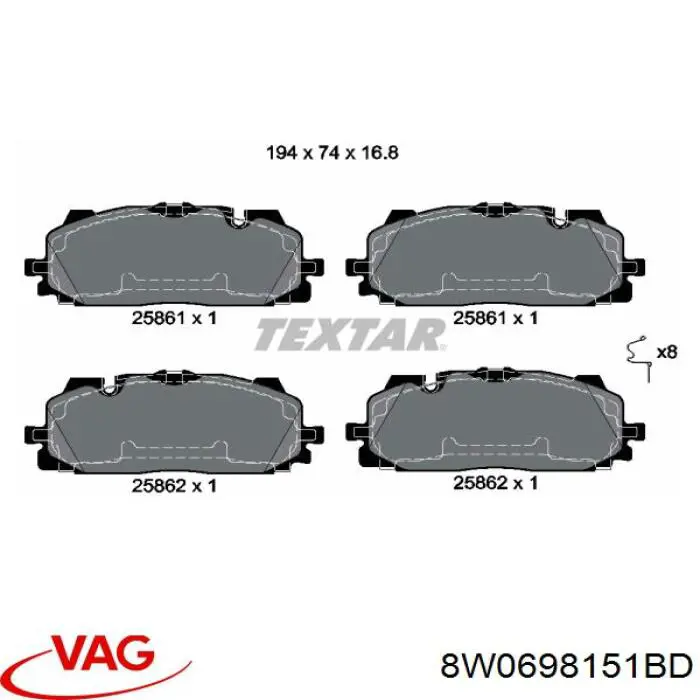 Купити 8W0698151BD VAG Колодки гальмівні передні, дискові