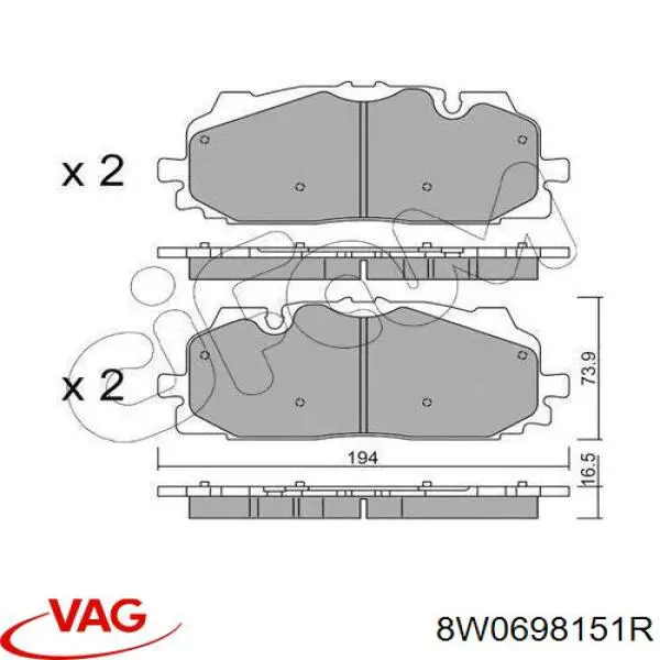 Купити 8W0698151R VAG Колодки гальмівні передні, дискові
