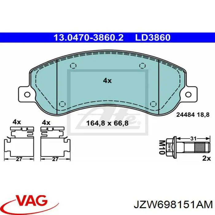 Купити JZW698151AM VAG Колодки гальмівні передні, дискові