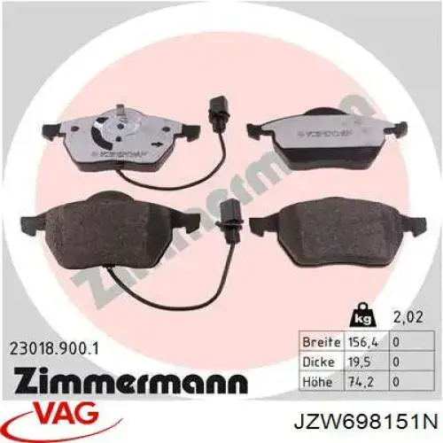 Купити JZW698151N VAG Колодки гальмівні передні, дискові