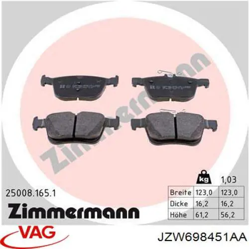 Задні гальмівні колодки JZW698451AA VAG