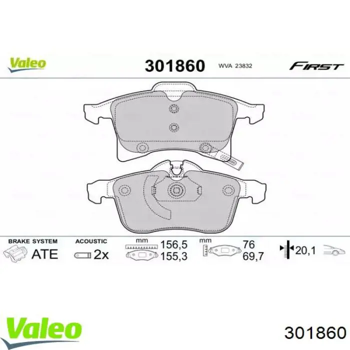 Купити 301860 VALEO Колодки гальмівні передні, дискові