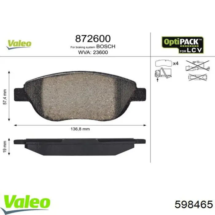 Купити 598465 VALEO Колодки гальмівні передні, дискові