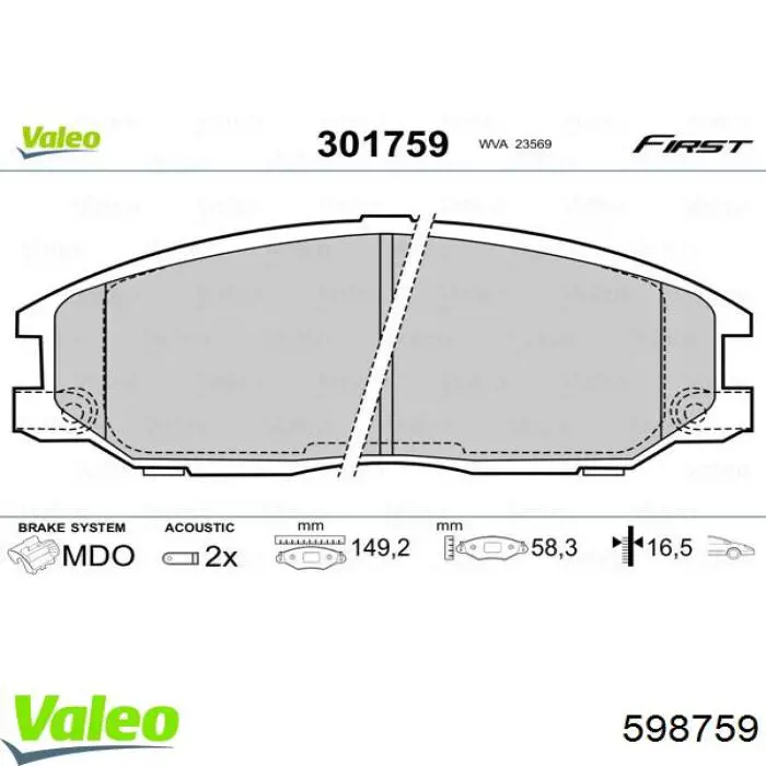 Купити 598759 VALEO Колодки гальмівні передні, дискові