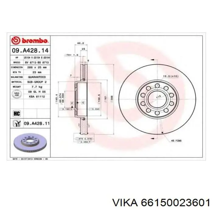 Диск переднього гальма Vika 66150023601 ціна, від 34.91 USD