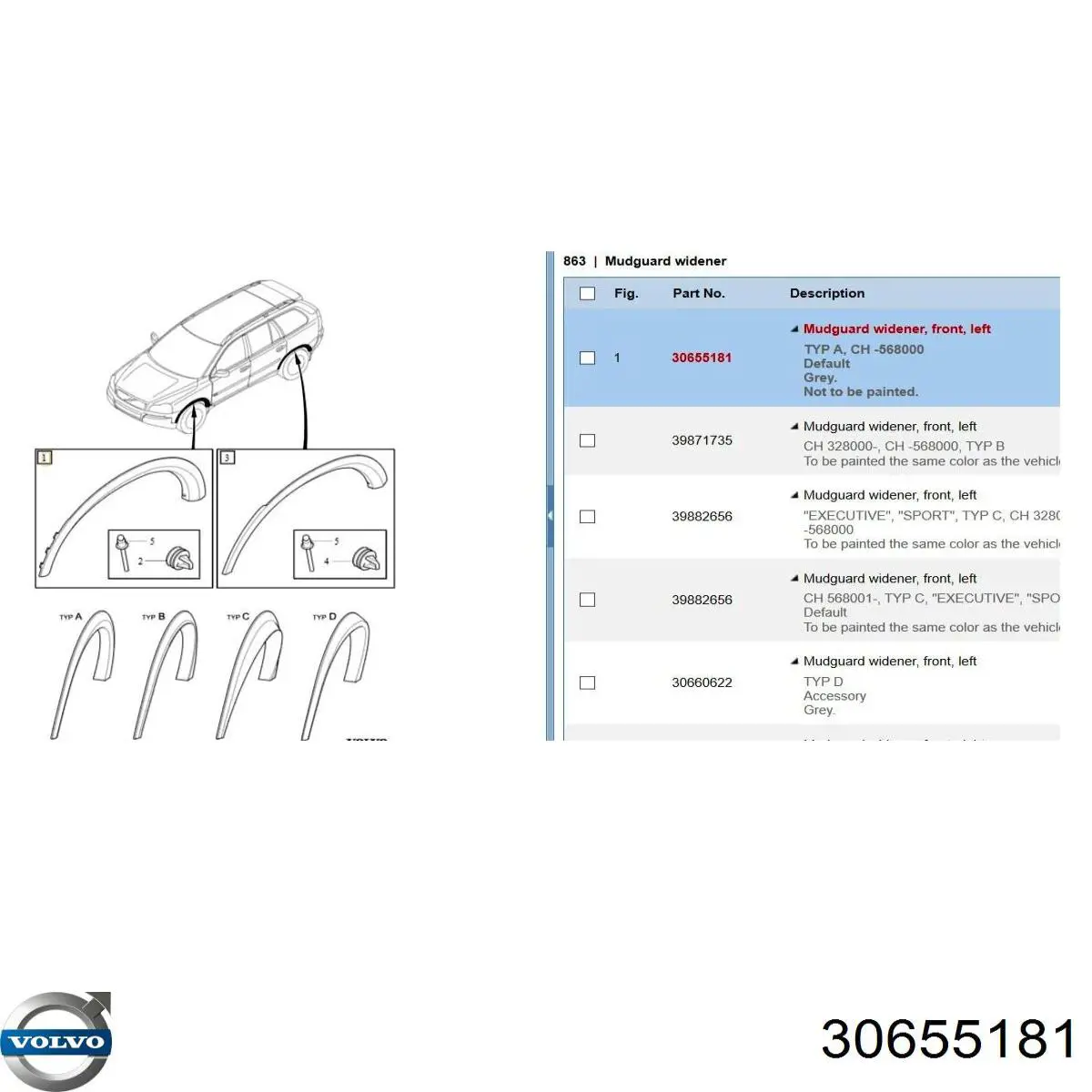 Купити 30655181 Volvo Молдинг арки крила переднього, лівий