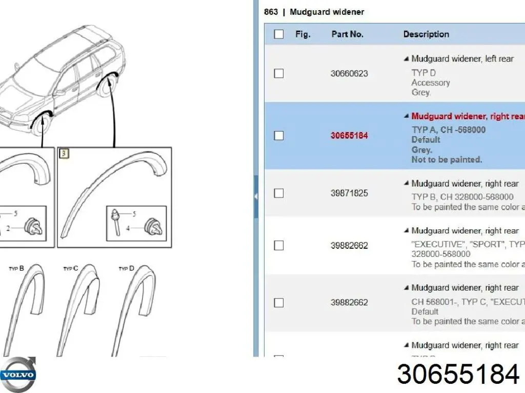 30655184 Volvo Молдинг арки колеса заднього, правий