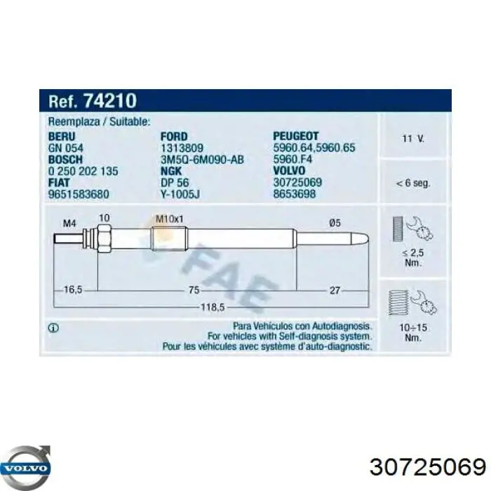 Свіча накалу Volvo 30725069 ціна, від 6.87 USD