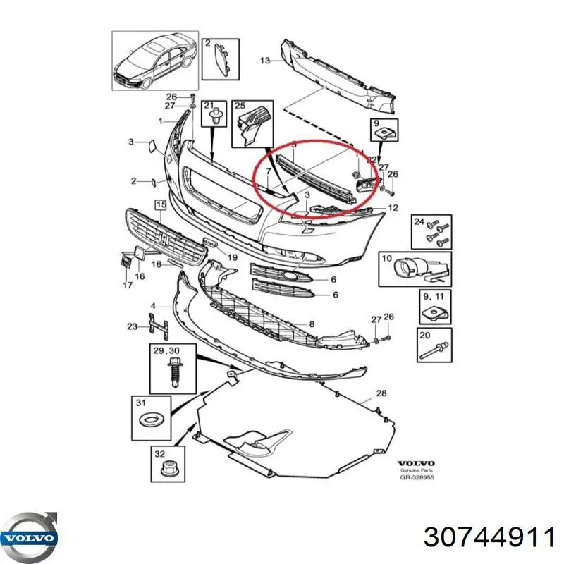 30744911 Volvo Решітка переднього бампера, центральна