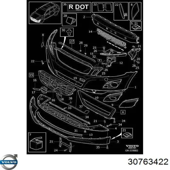 Решітка переднього бампера, центральна Volvo 30763422 ціна, від 31.37 USD