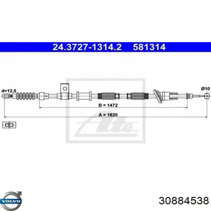 30884538 Volvo Трос ручного гальма задній, правий