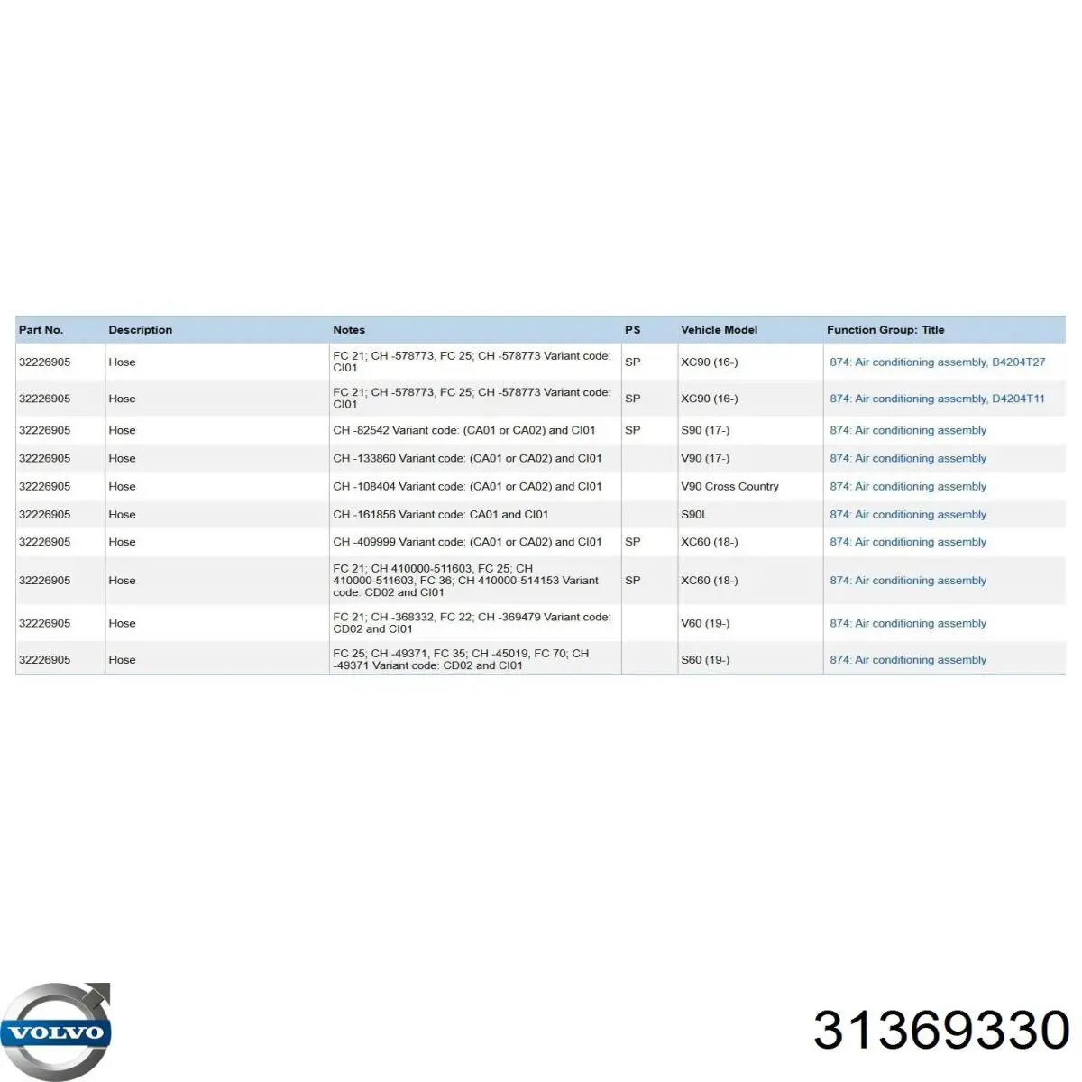 Шланг кондиціонера, від заднього випарювача до компресора 31369330 Volvo