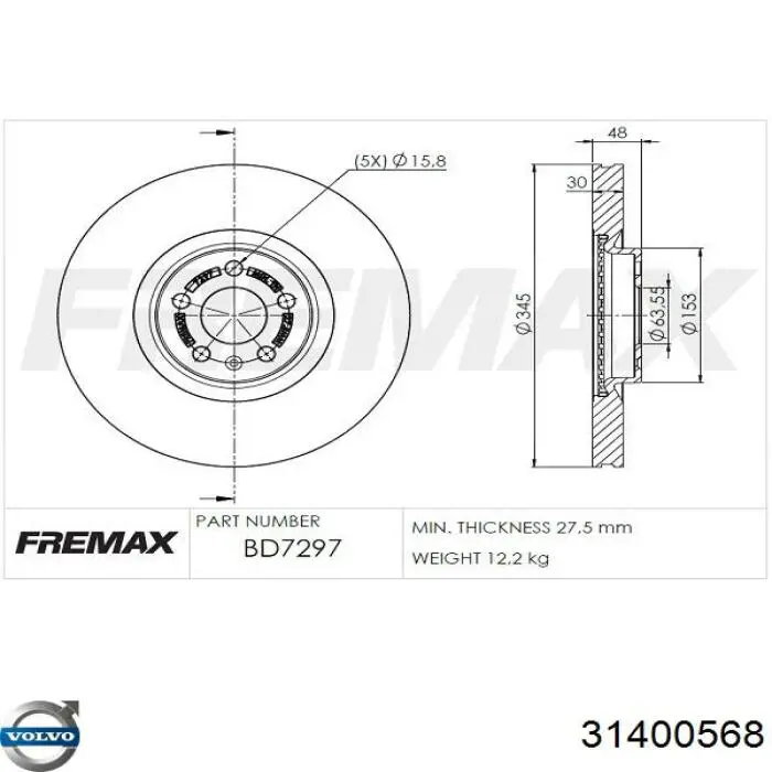 Диск переднього гальма Volvo 31400568 ціна, від 89.40 USD