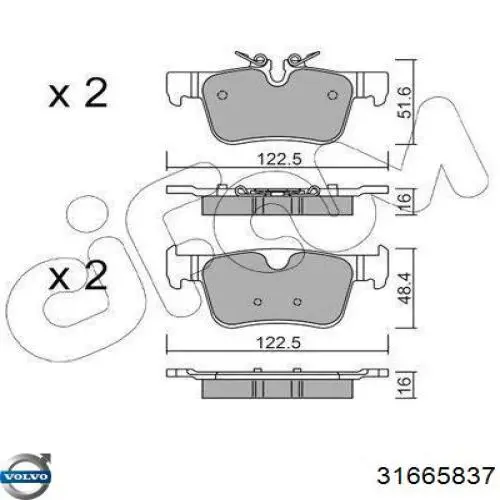Задні гальмівні колодки 31665837 Volvo