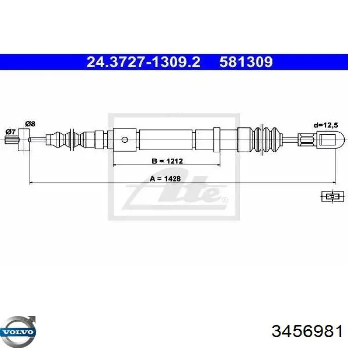 3456981 Volvo Трос ручного гальма задній, правий/лівий