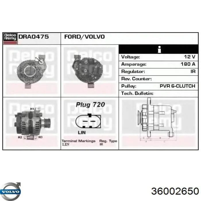 Генератор Volvo 36002650 ціна, від 551.49 USD
