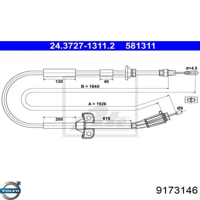 Трос ручного гальма задній, правий/лівий Volvo 9173146 ціна, від 24.43 USD