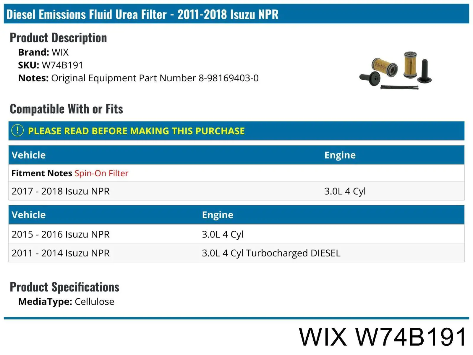 Фільтр ad blue WIX W74B191 ціна, від 35.41 USD