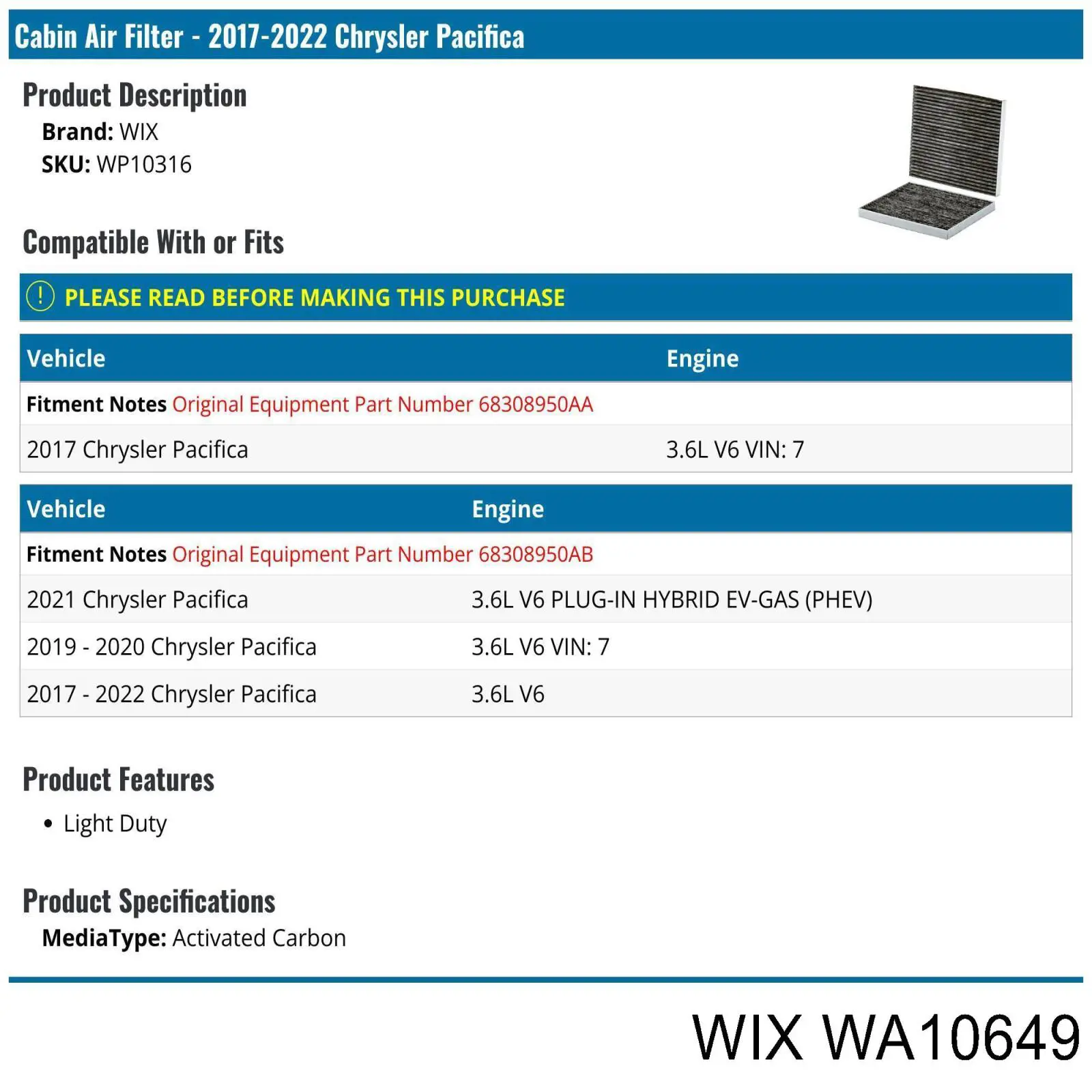 Елемент повітряного фільтра WIX WA10649 ціна, від 13.30 USD