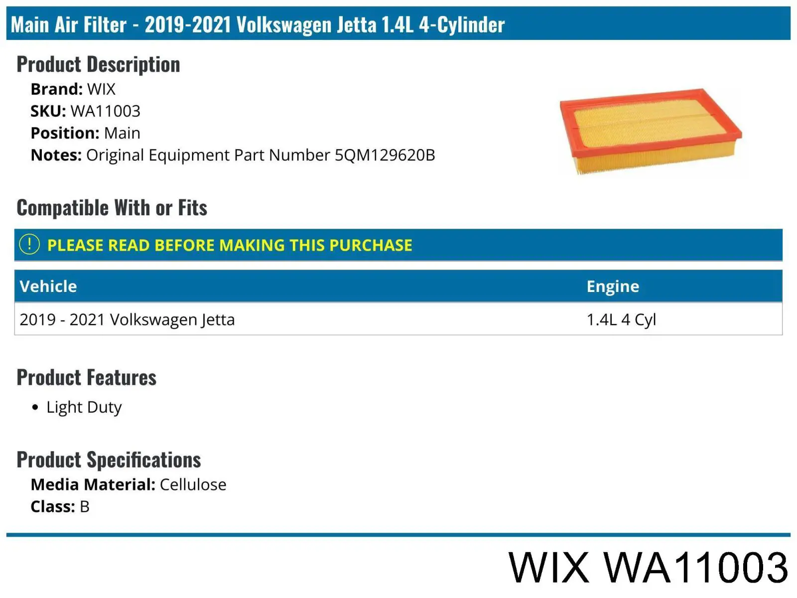 WA11003 WIX Повітряний фільтр двигуна