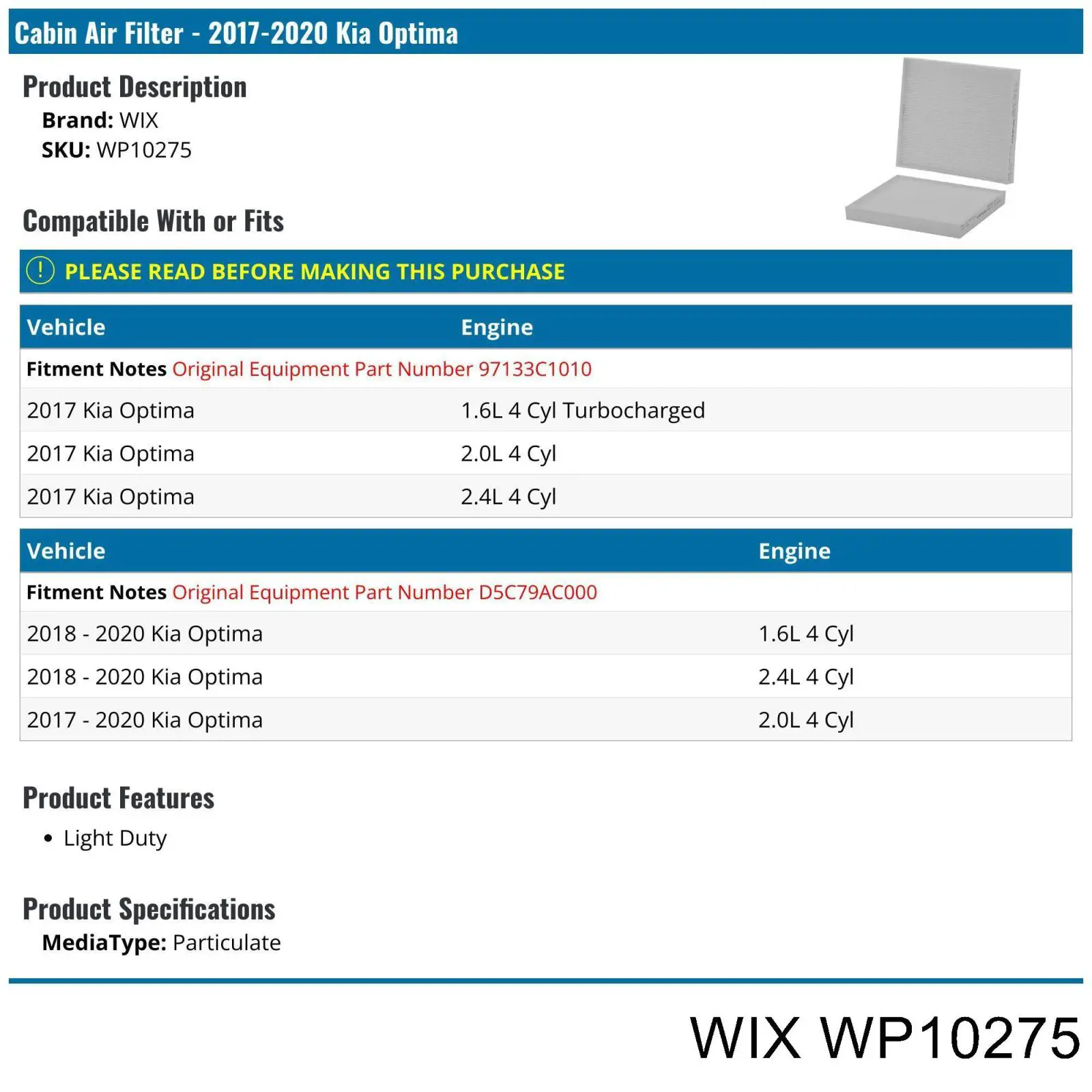 Фільтр повітряний обігрівача WIX WP10275 ціна, від 9.25 USD