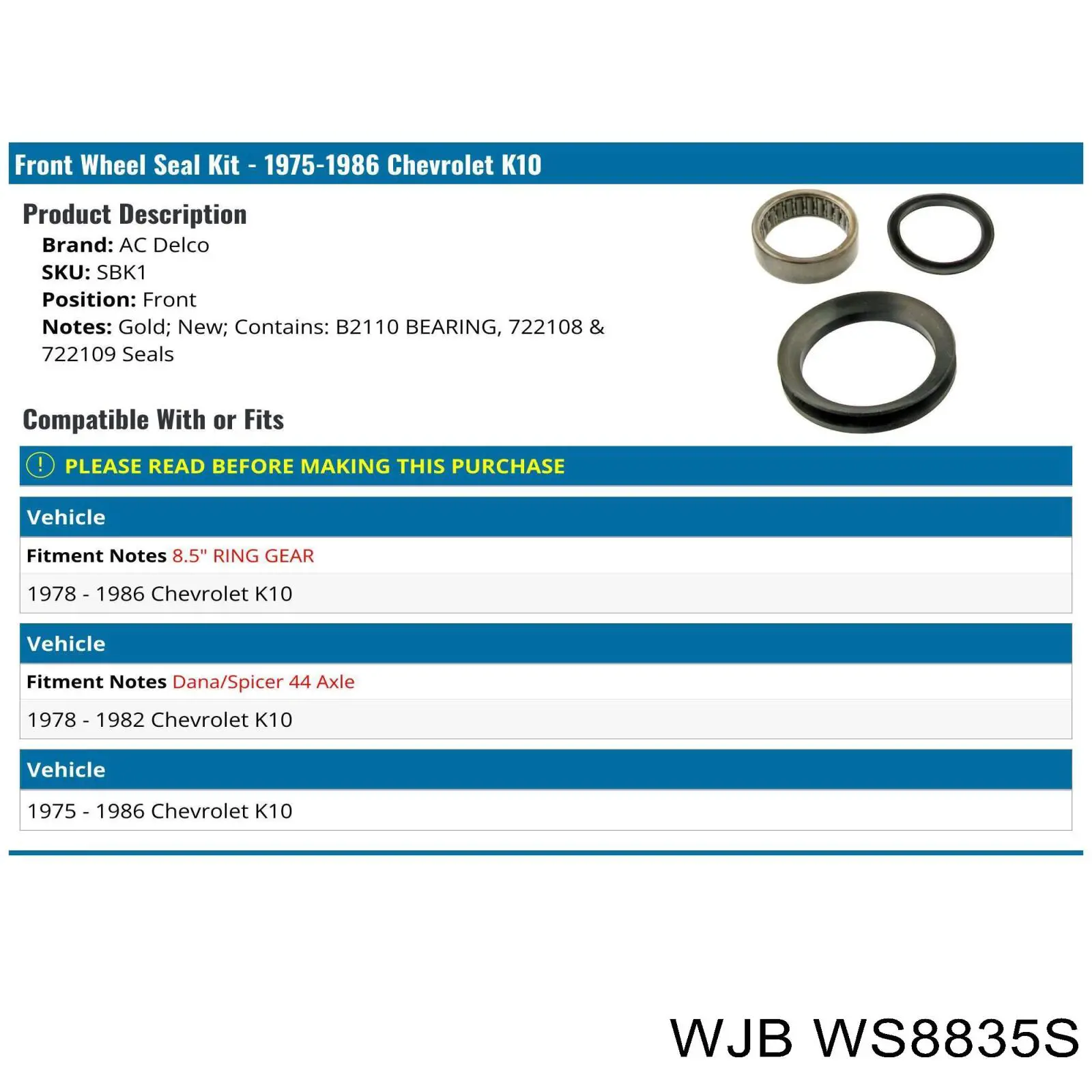 Сальник піввісі заднього моста WJB WS8835S ціна, від 6.69 USD