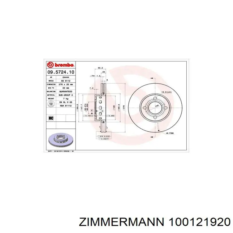 Диск переднього гальма Zimmermann 100121920 ціна, від 35.11 USD