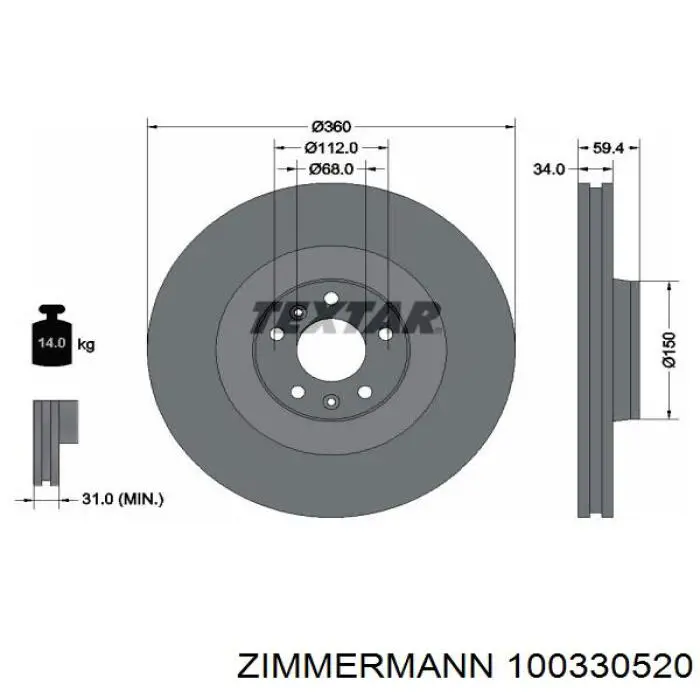 Диск переднього гальма Zimmermann 100330520 ціна, від 90.22 USD