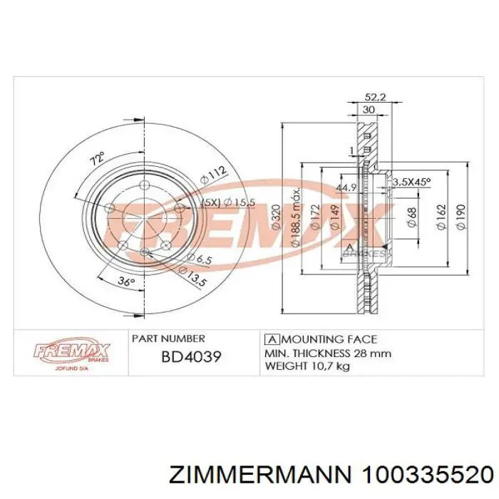 Диск гальмівний передній 100335520 Zimmermann