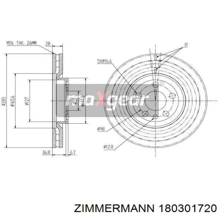 Диск переднього гальма Zimmermann 180301720 ціна, від 40.45 USD