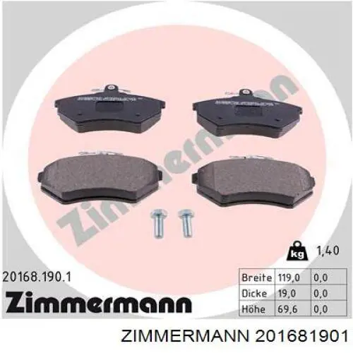 201681901 Zimmermann колодки гальмівні передні, дискові
